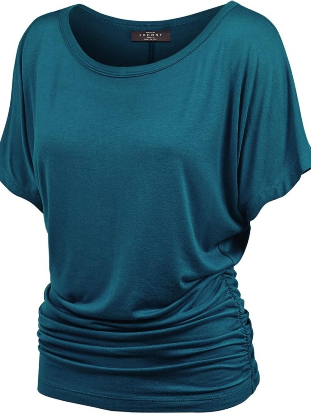 Casual Solid Short Sleeve Boat Neck Dolman Top with Side Shirring for Women